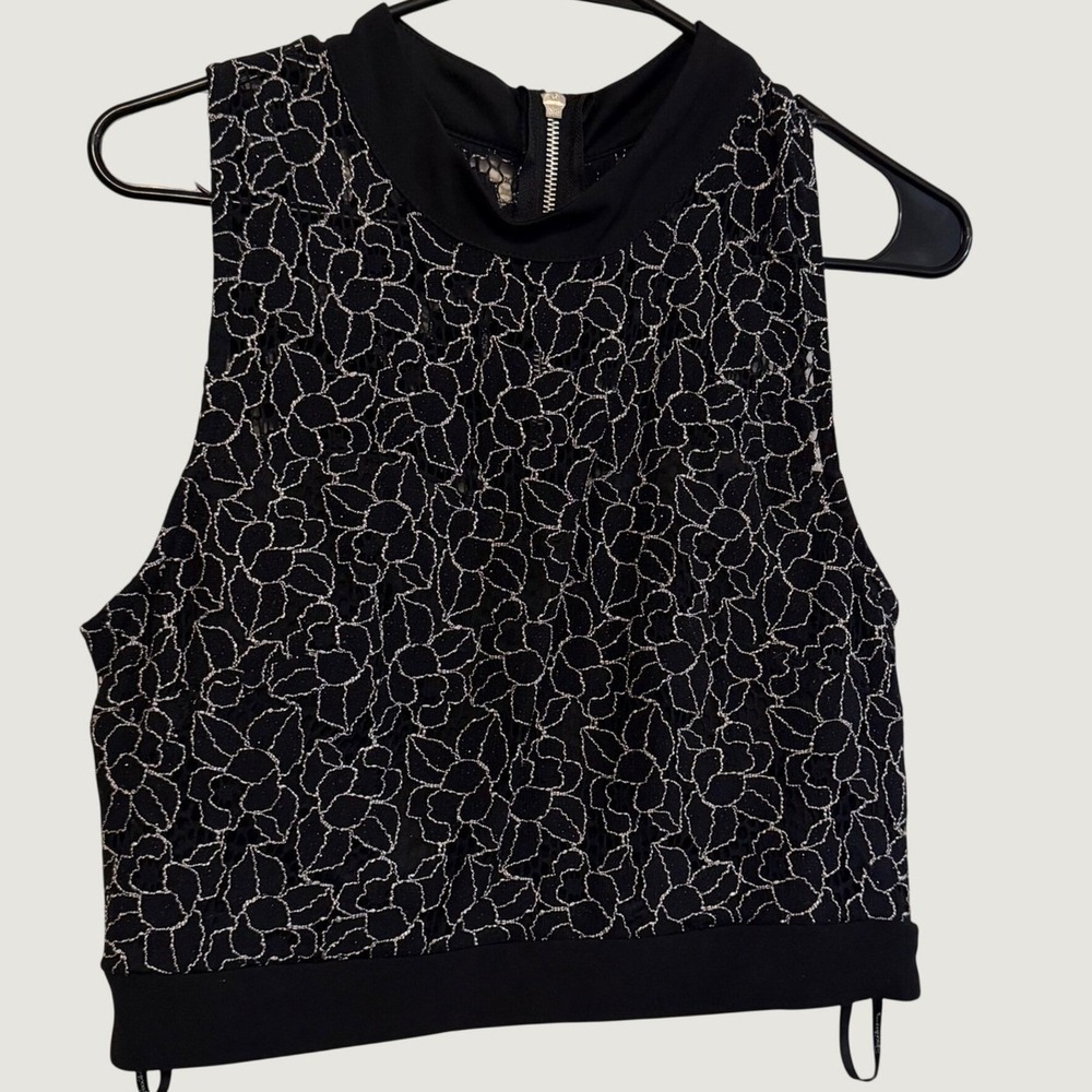 Speechless Womens Black Silver Floral Lace Crop‎ Top Mock Neck Size 15 Zipper